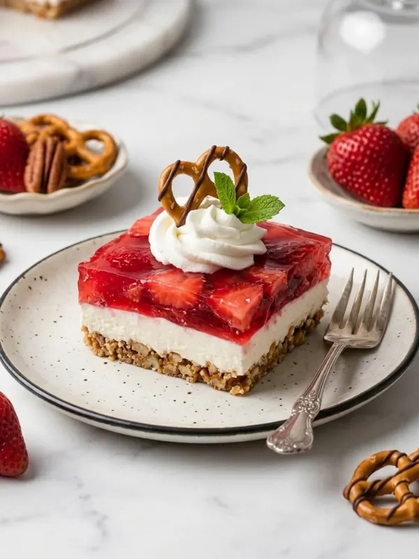 A close-up shot of a square slice of strawberry pretzel dessert showing the crunchy pretzel crust, white cream cheese layer, and red strawberry topping