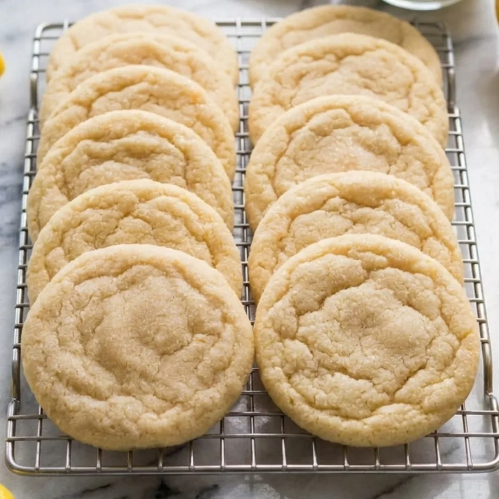 Lemon sugar cookies stacked on a wire cooling rack