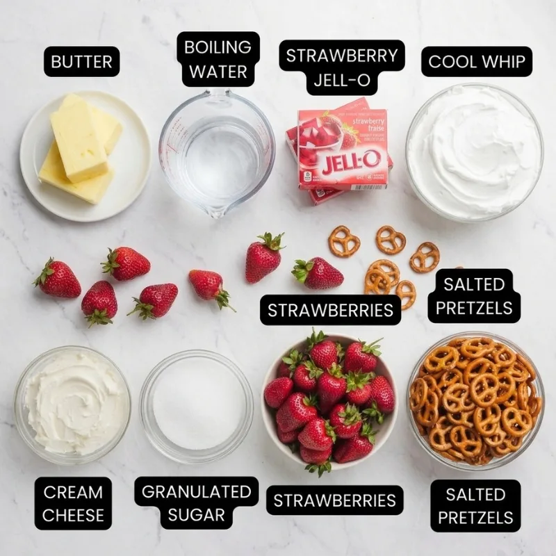 Fresh ingredients for strawberry pretzel dessert recipe