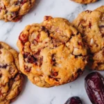 Close-up of freshly baked, chewy date cookies loaded with chopped nuts and sprinkled with flaky sea salt, placed on a white marble table alongside whole dates.
