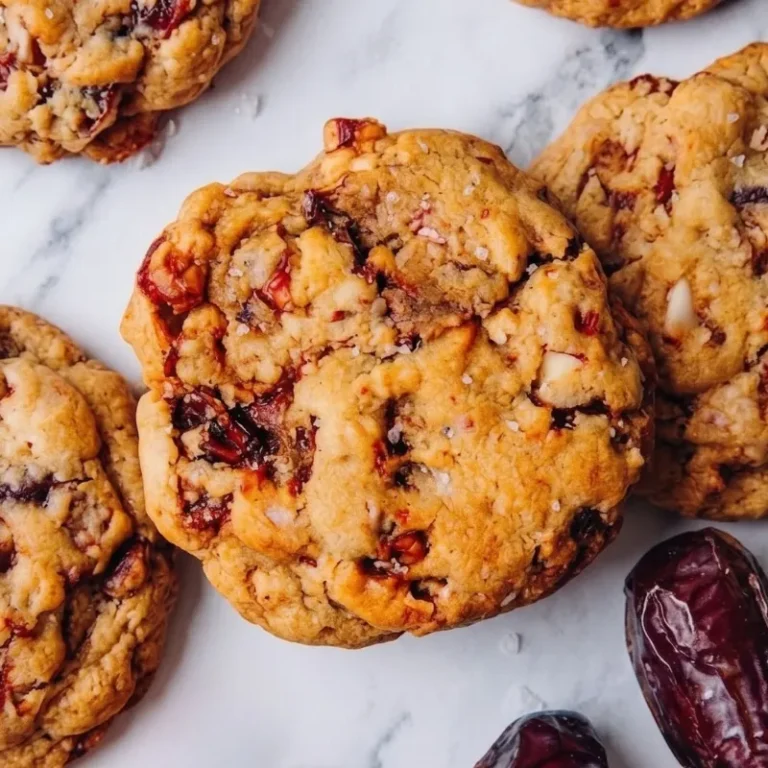 Close-up of freshly baked, chewy date cookies loaded with chopped nuts and sprinkled with flaky sea salt, placed on a white marble table alongside whole dates.