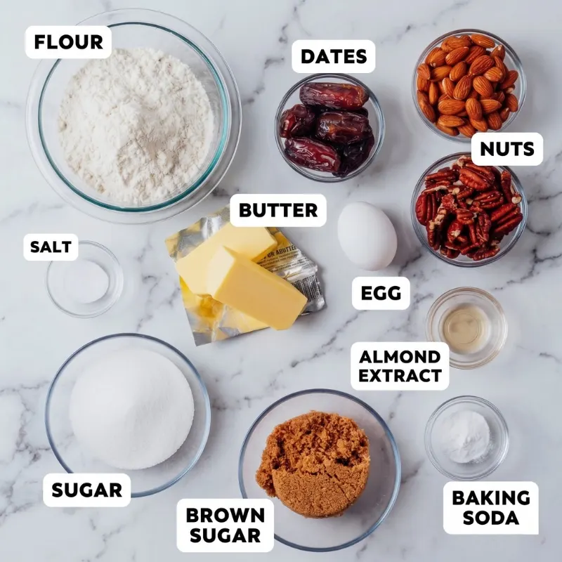 Ingredients for date cookies recipe including whole dates, dark brown sugar, and butter