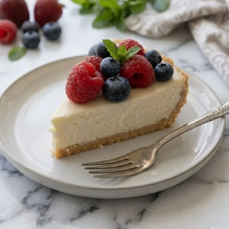 A close-up of a single slice of baked cottage cheese cheesecake on a white plate, garnished with fresh raspberries, blueberries, and mint.