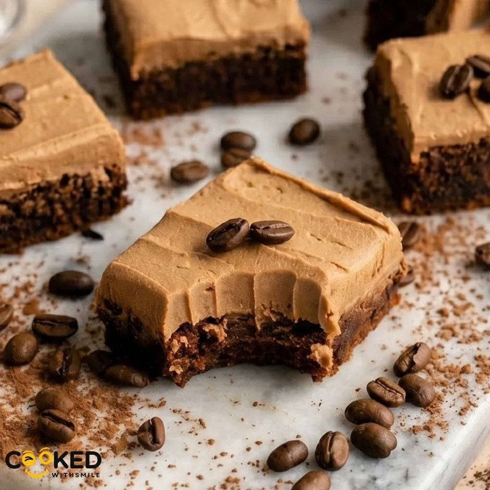 A single coffee brownie with a bite taken out of it, topped with light brown espresso frosting and whole coffee beans, surrounded by scattered cocoa powder.