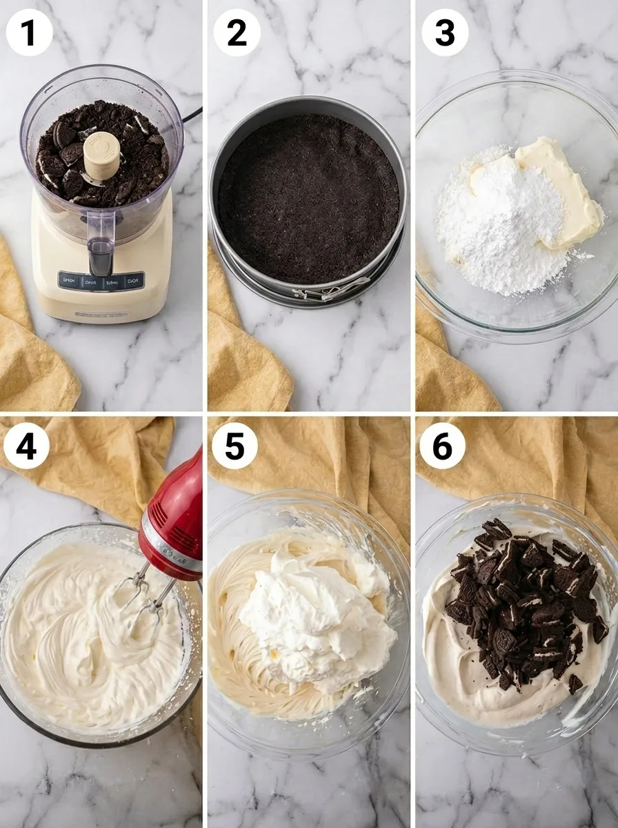 Step-by-step visual assembly illustration of a cold-set Oreo cheesecake filling showing the folding and smoothing process