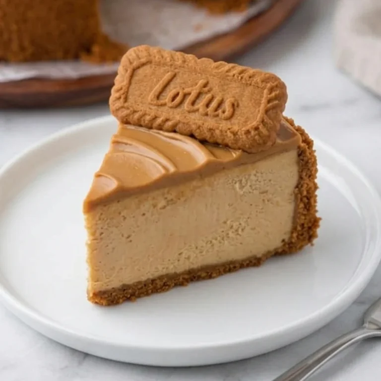 A perfect single slice of biscoff cheesecake served on a white plate, featuring a smooth cookie butter layer and a whole Lotus biscuit on top.