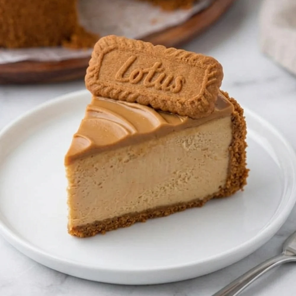 A perfect single slice of biscoff cheesecake served on a white plate, featuring a smooth cookie butter layer and a whole Lotus biscuit on top.
