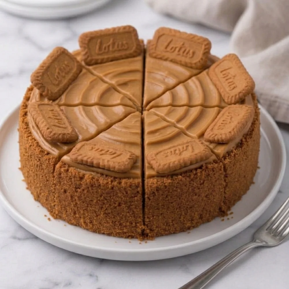 A whole Lotus biscoff cheesecake recipe on a white plate, beautifully topped with a cookie butter spread swirl and rimmed with whole Biscoff cookies.