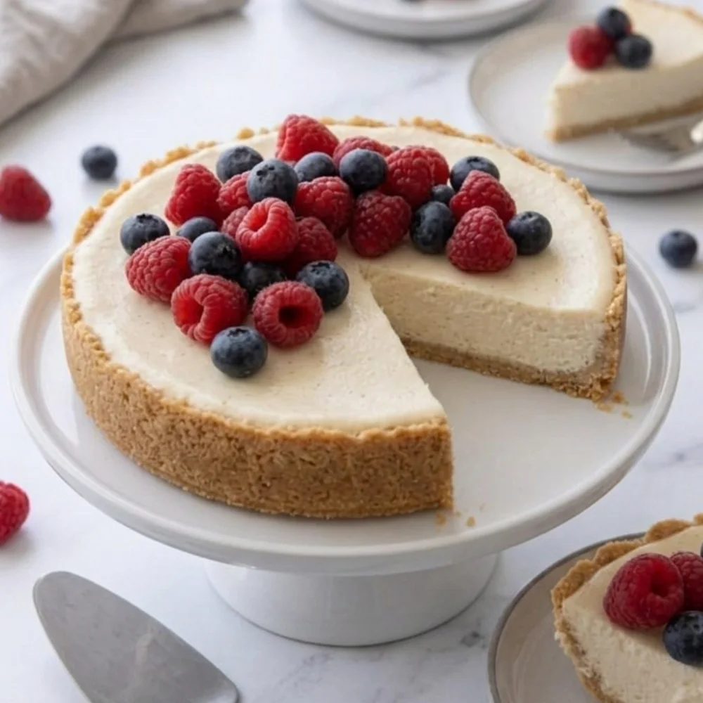 A whole, healthy cottage cheese cheesecake on a white cake stand, generously topped with fresh raspberries and blueberries, ready to be sliced.