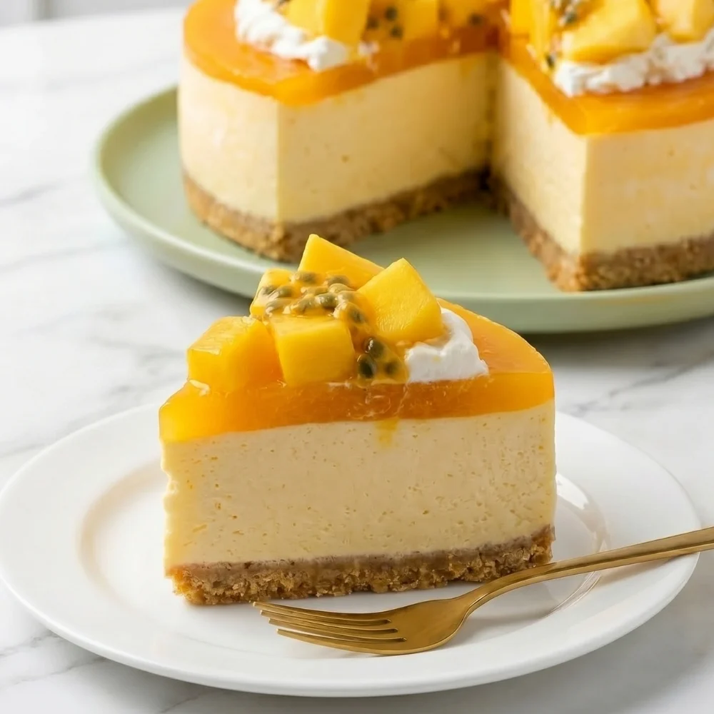 A perfect slice of mango cheesecake recipe served on a small plate with the main cake visible in the blurred background.