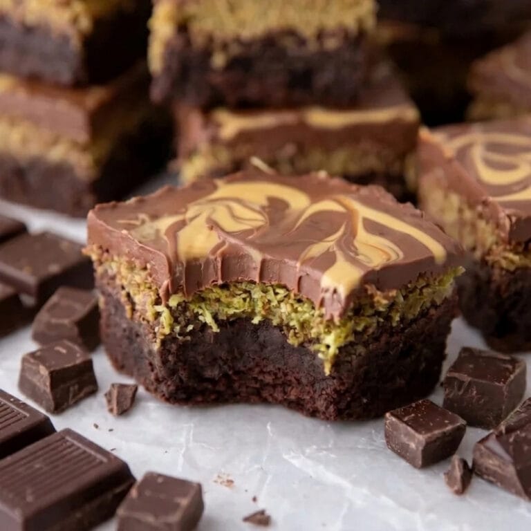 A close-up view of a fudgy brownie slice with a bite taken out, showing the layers of dark chocolate, crispy green pistachio kunafa filling, and a swirled milk chocolate top.