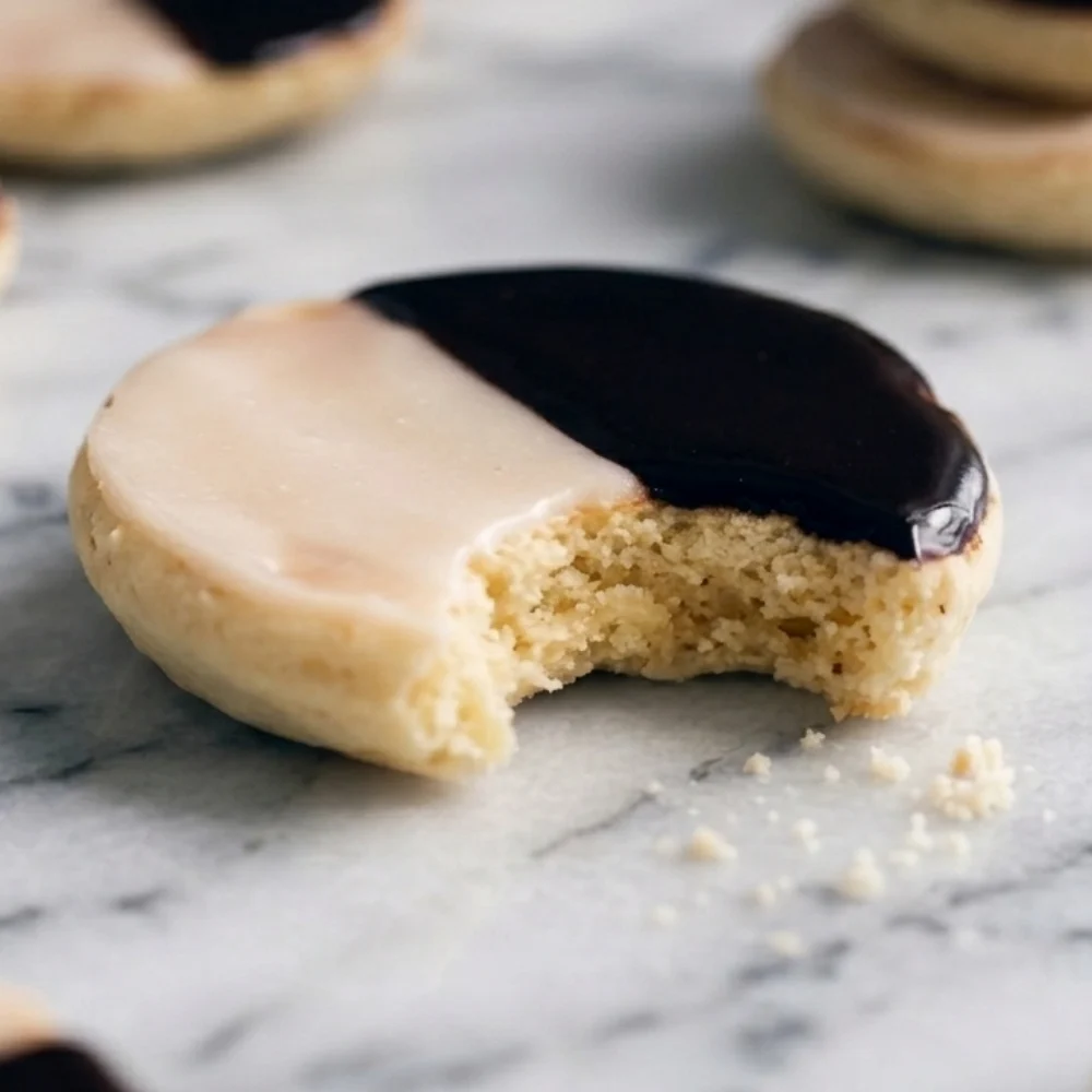 close-up shot of a classic black and white cookie on a grey-veined white marble table. The cookie in sharp focus has a perfect bite taken out of it, revealing its soft, cake-like texture. The glossy icing is neatly split down the middle—one half a creamy vanilla ivory and the other half a deep, glossy black chocolate. Other whole cookies are softly blurred in the background with a shallow depth of field, emphasizing crumbly perfection.