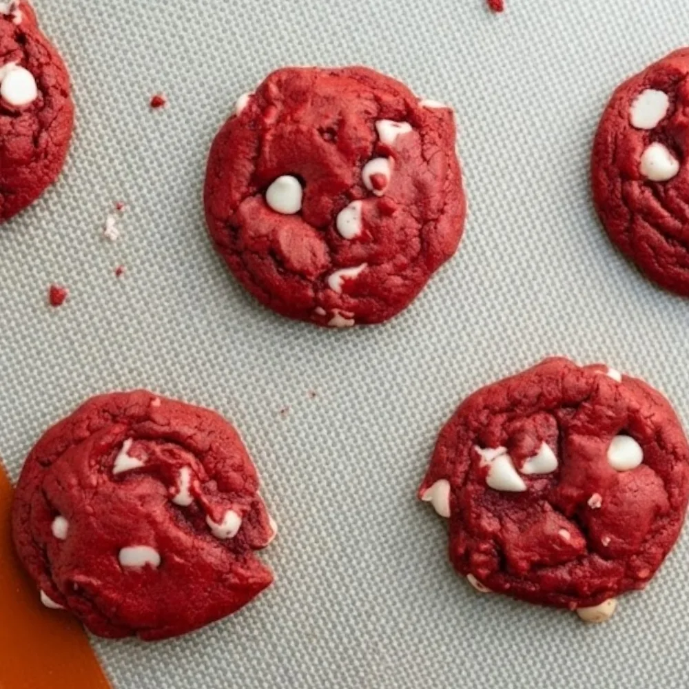 Freshly baked red velvet cookies resting closely on a parchment-lined baking sheet straight out of the hot oven