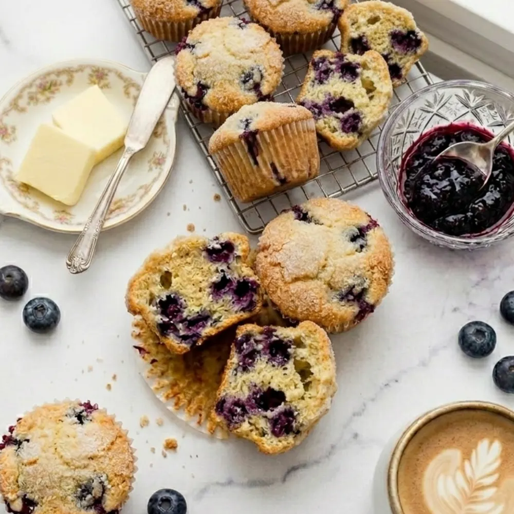 An overhead flat lay of blueberry muffins served with a cup of latte coffee art, fresh butter on a vintage plate, and blueberry jam on a marble table.
