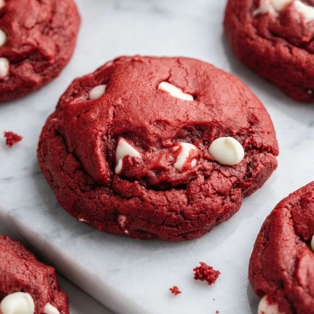 A top-down, square flat-lay photo of thick Red Velvet Cookies with white chocolate chips scattered on white parchment paper, featuring a central cookie with rustic, crinkly, and naturally irregular edges.