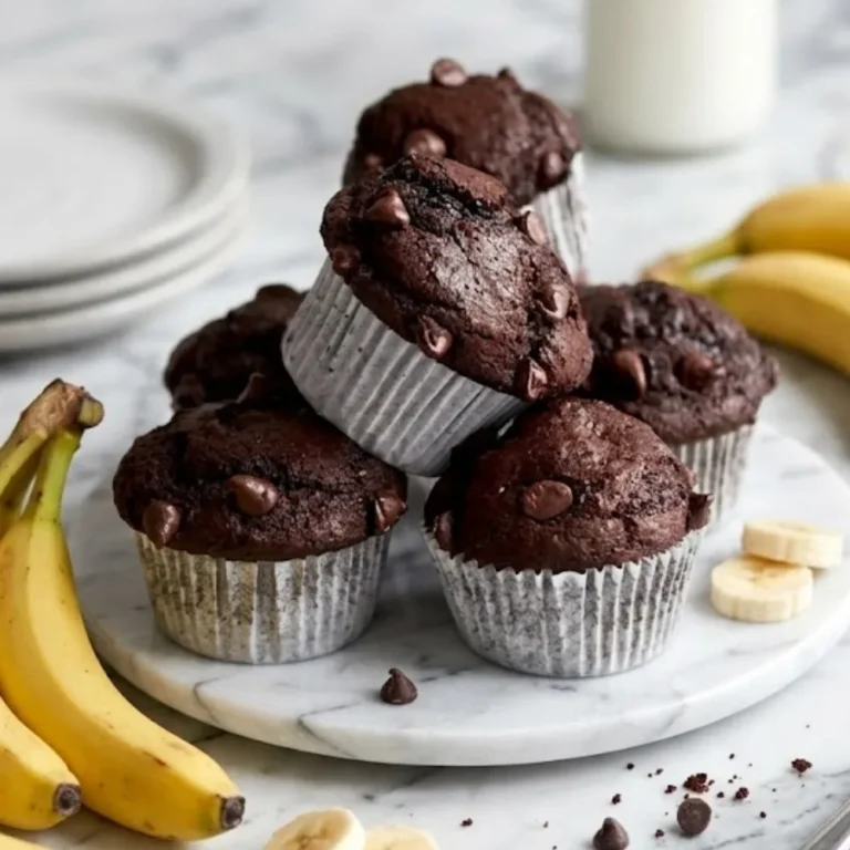 A pile of double chocolate banana muffins with chocolate chips on a round marble plate surrounded by fresh bananas