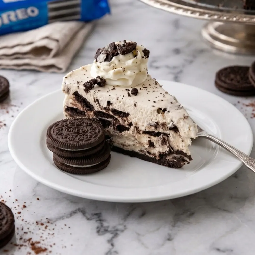 A single slice of a homemade oreo cheesecake recipe showing thick layers of cookies and cream filling on a white dessert plate.
