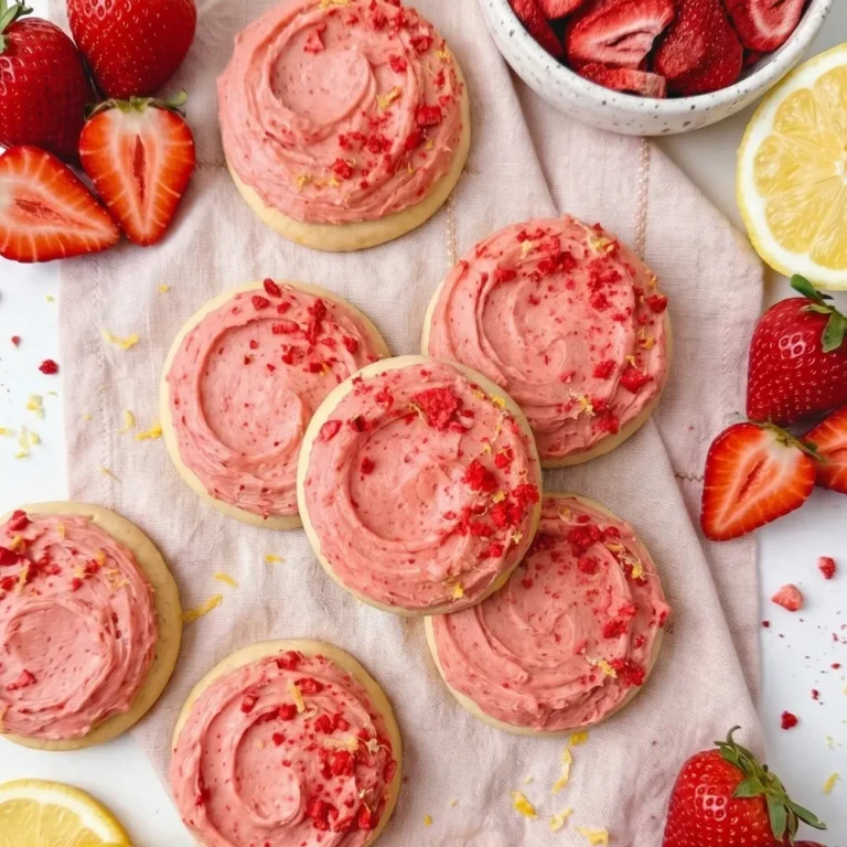 An overhead flat lay of multiple pink-frosted strawberry lemon cookies arranged on a linen napkin with fresh sliced strawberries and lemon wedges.
