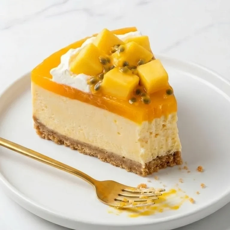 A close-up slice of no-bake mango cheesecake recipe topped with fresh mango chunks and passionfruit on a white plate.
