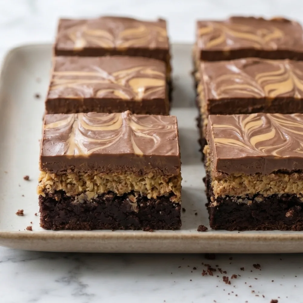 Sliced bars from a Dubai chocolate brownies recipe showing a pistachio kataifi layer on a plate