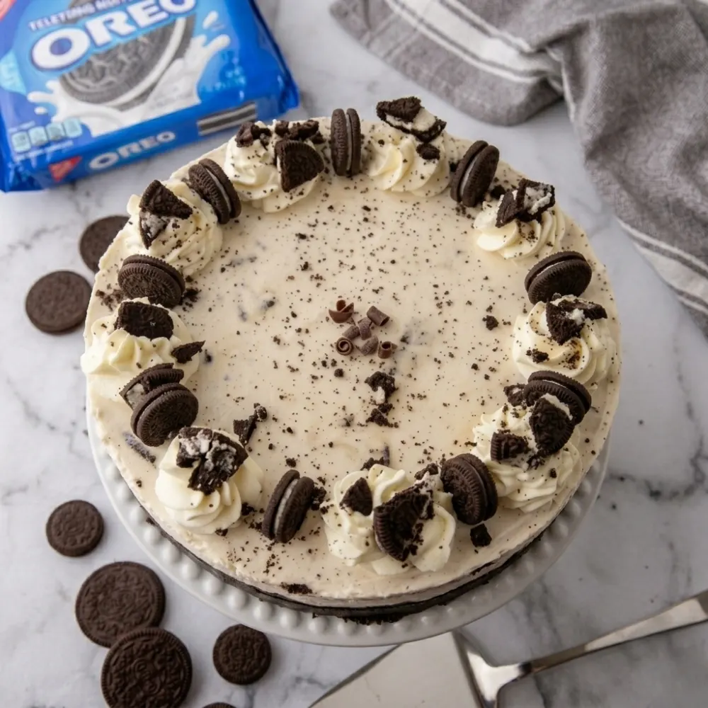 A whole no-bake oreo cheesecake recipe on a white display stand topped with whipped cream piping and cream-filled cookies.