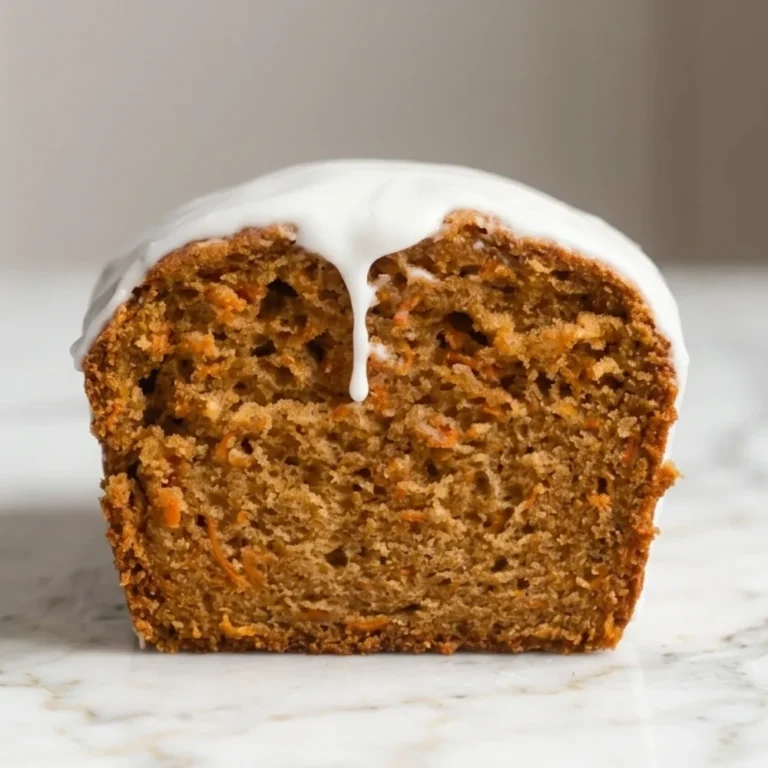 A top-down view of a single slice of carrot cake loaf on a white ceramic plate. The slice is topped with white glaze and shows small butter dots. A vintage fork is in the slice, having taken a small bite.