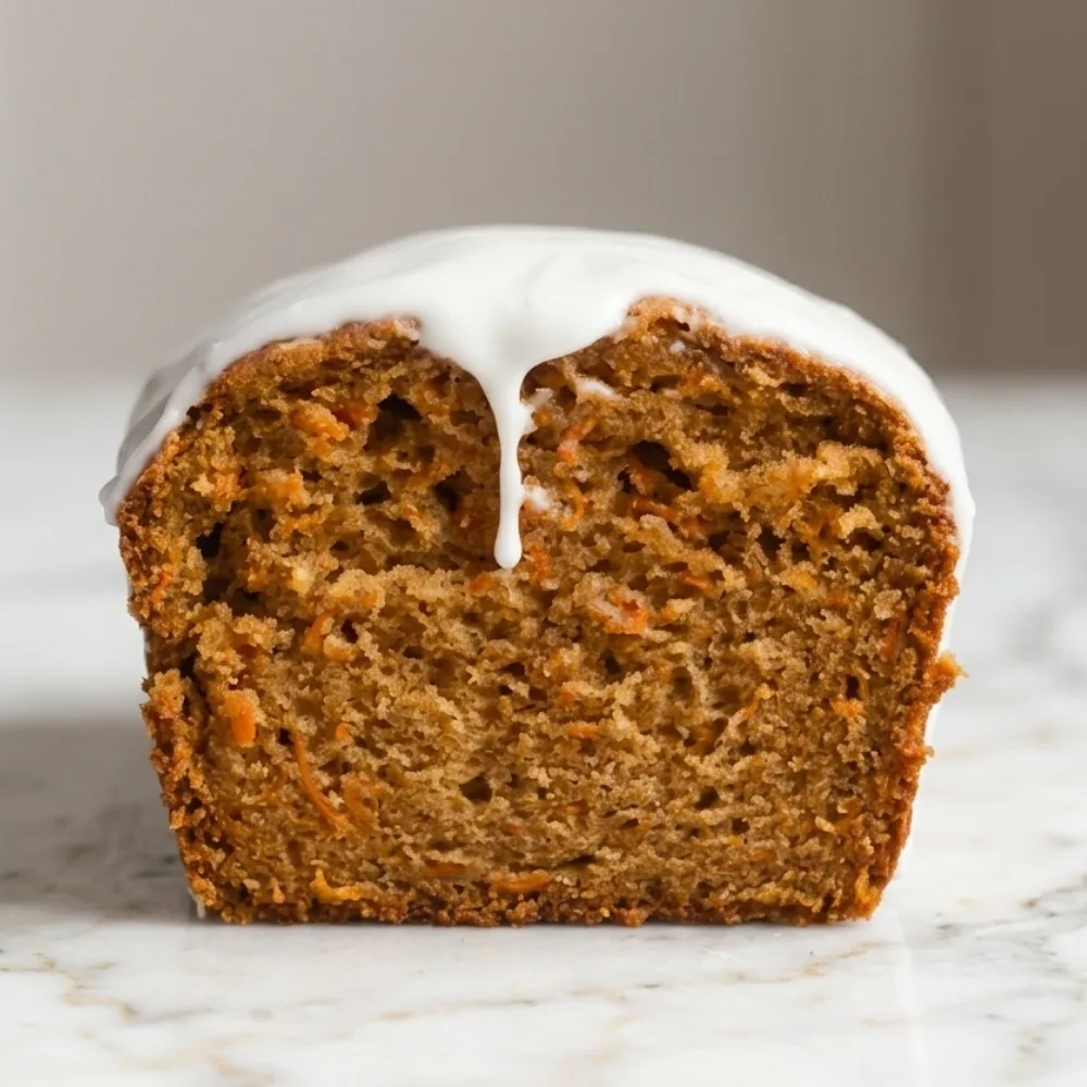 A top-down view of a single slice of carrot cake loaf on a white ceramic plate. The slice is topped with white glaze and shows small butter dots. A vintage fork is in the slice, having taken a small bite.