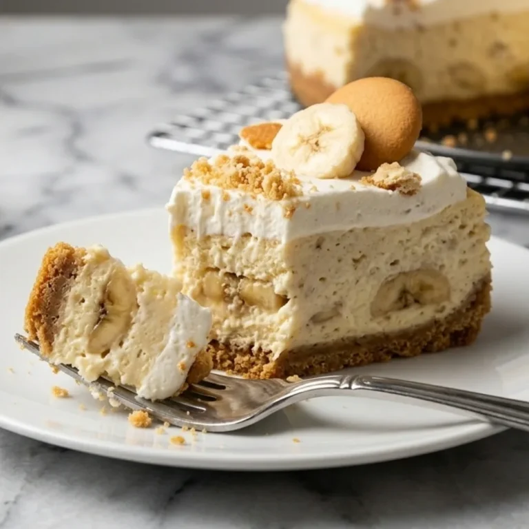 A close-up shot of a slice of banana pudding cheesecake with a bite taken out on a silver fork, showing layers of real bananas inside the filling.