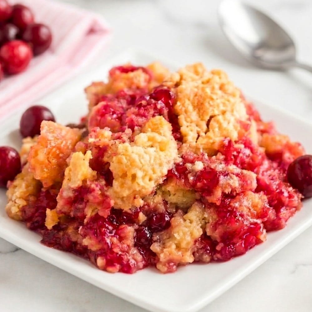 A close-up serving of cherry pineapple dump cake on a white plate, highlighting the vibrant fruit filling and golden buttery topping.