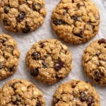 A flat lay of several oatmeal raisin cookies arranged on light brown parchment paper, showcasing their irregular, homemade shape.
