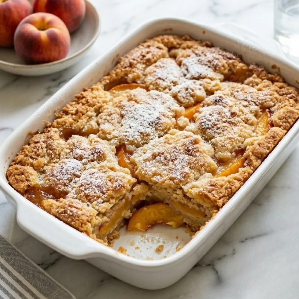 A top-down view of a golden brown peach cobbler dump cake in a white ceramic baking dish, topped with powdered sugar.