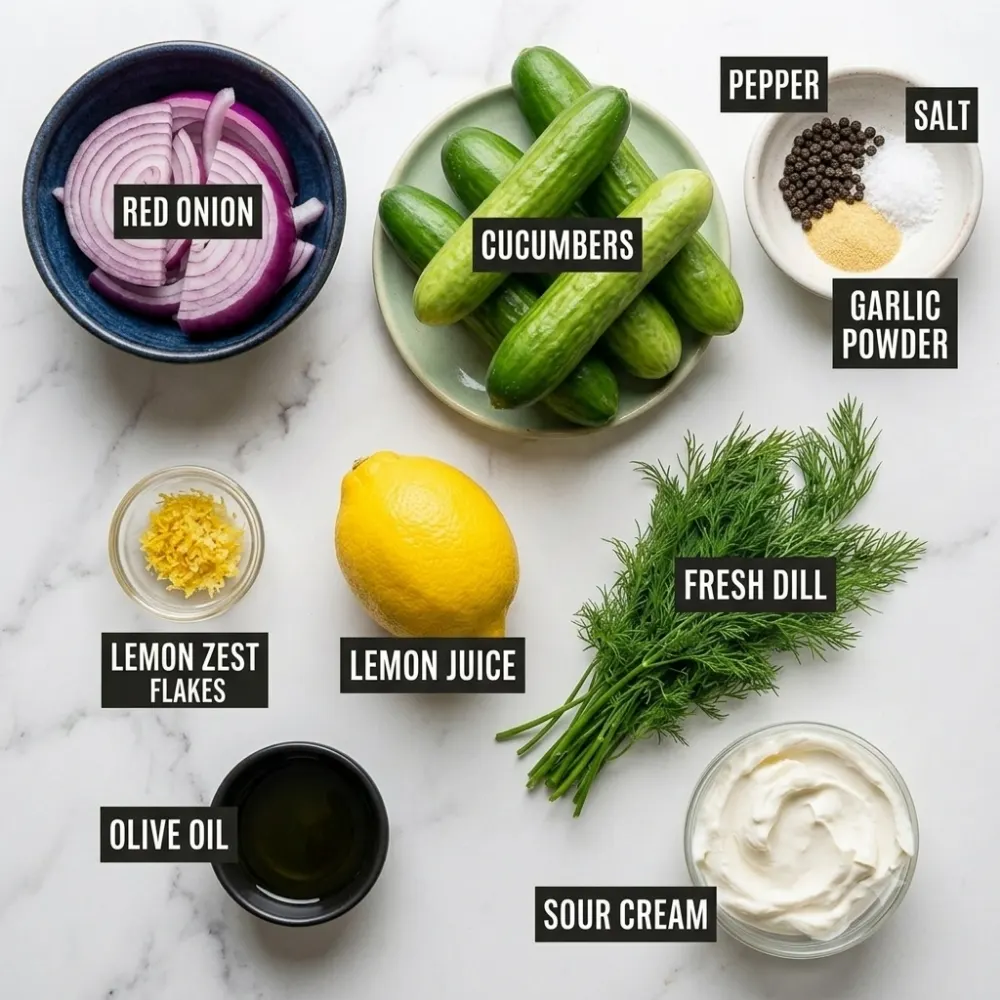 Fresh ingredients for Creamy Cucumber Salad including sliced cucumbers, yogurt, dill, and garlic