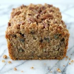 A fresh, golden-brown Coffee Pecan Pound Cake loaf topped with a buttery streusel and whole pecans on a marble surface.