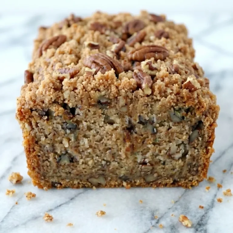 A fresh, golden-brown Coffee Pecan Pound Cake loaf topped with a buttery streusel and whole pecans on a marble surface.