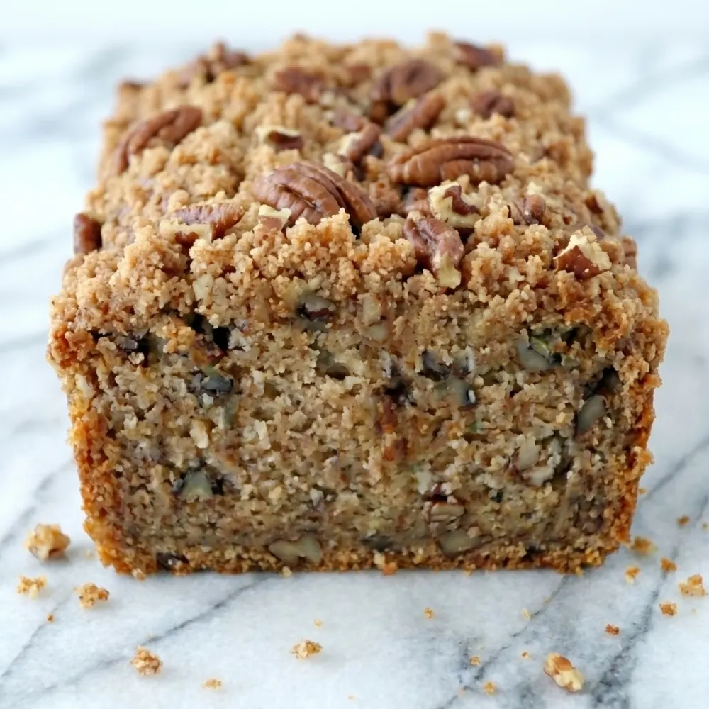 A fresh, golden-brown Coffee Pecan Pound Cake loaf topped with a buttery streusel and whole pecans on a marble surface.