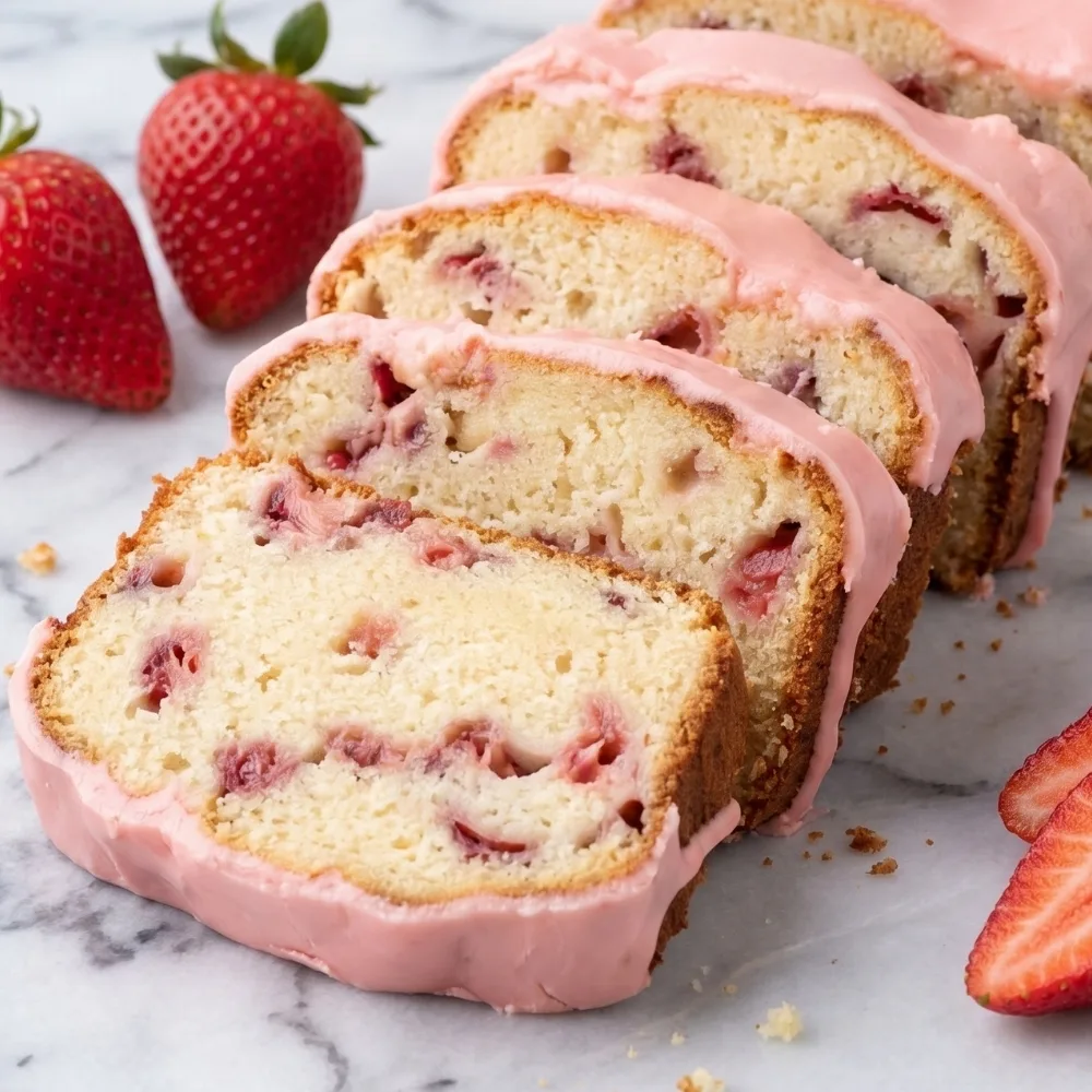 Slices of moist pound cake strawberries dessert with a pink glaze, served in a ceramic bowl with fresh strawberries nearby.