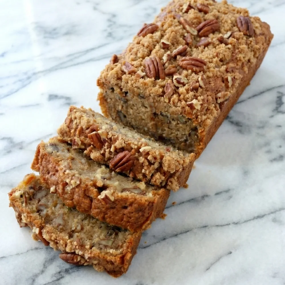 A loaf of Coffee Pecan Pound Cake with several slices cut and arranged on a white marble background.