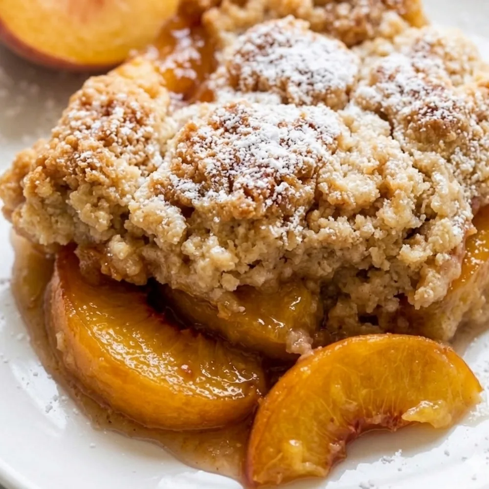 A close-up view of a portion of peach cobbler dump cake on a white plate, highlighting the tender peach slices and golden crumble topping.