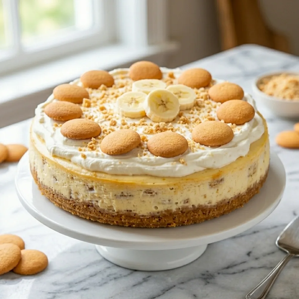 A whole homemade banana pudding cheesecake on a white cake stand, topped with whipped cream, vanilla wafer cookies, and fresh banana slices.