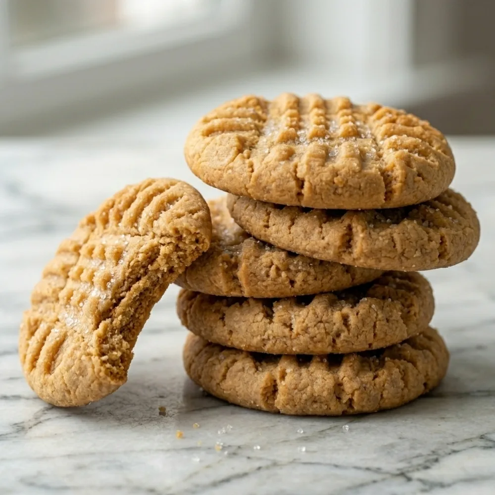 A stack of four homemade peanut butter cookies alongside a single bitten cookie leaning against them on a white marble surface.