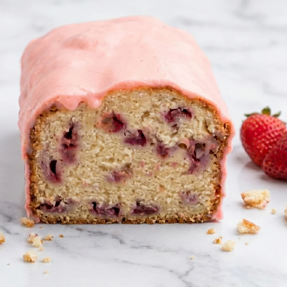 A freshly baked strawberry pound cake with pink icing glaze, featuring visible strawberry pieces inside and fresh strawberries on the side.