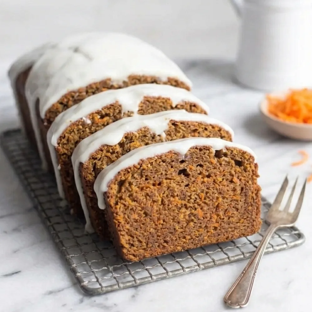 whole, beautifully glazed Carrot Cake Loaf Recipe resting on a wire cooling rack. Several slices have already been cut. In the background, a small pitcher of milk and a bowl of fresh carrot shreds are visible on the marble surface.