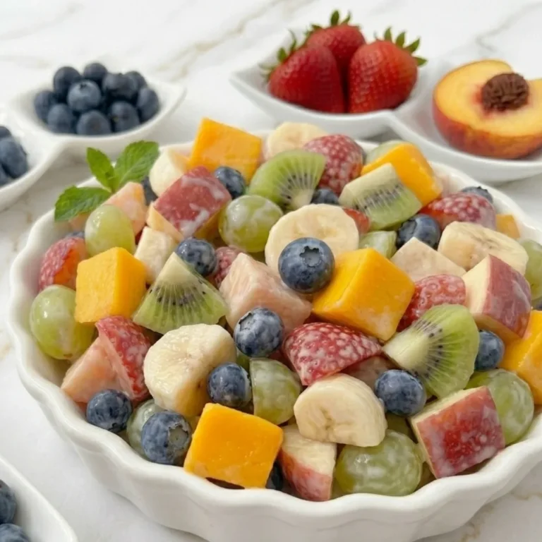 A close-up side angle of a colorful creamy fruit salad recipe served in a white scalloped bowl on a marble tabletop.