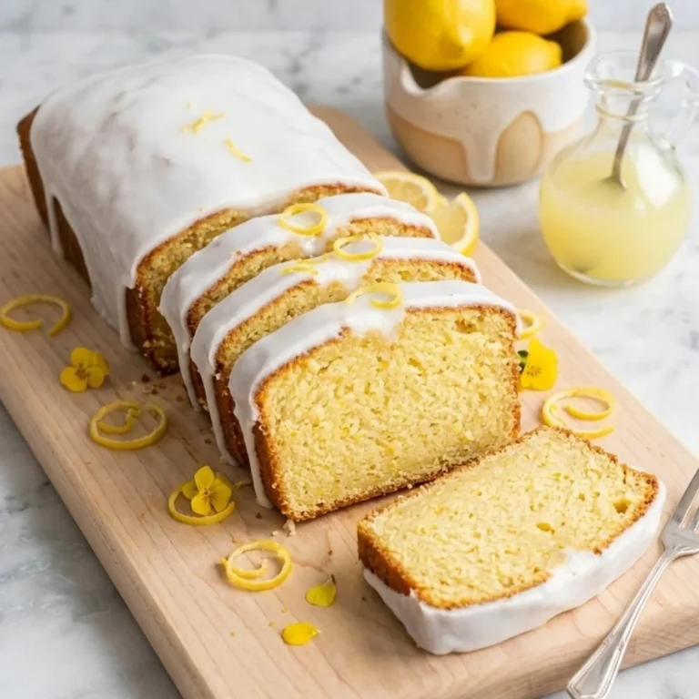A glazed lemon pound cake recipe loaf, sliced into pieces on a wooden serving board with fresh lemon peel curls, yellow flowers, and a bowl of fresh lemons on a marble table.