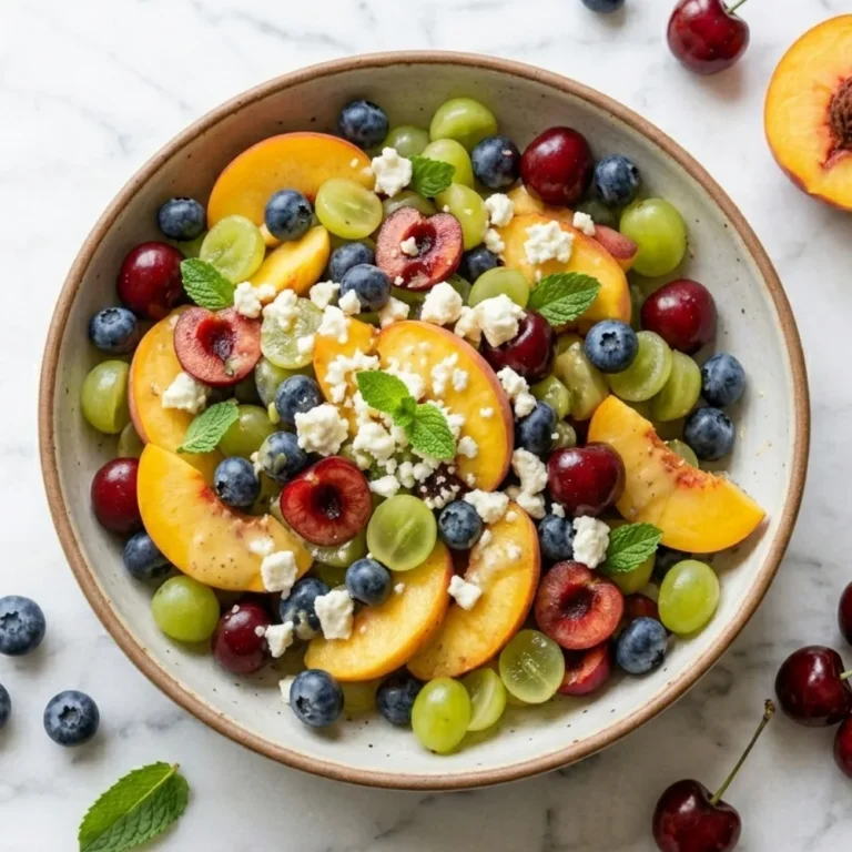 Overhead view of a vibrant Summer Fruit Salad arranged beautifully with sliced peaches, halved green grapes, dark cherries, blueberries, and crumbled feta.