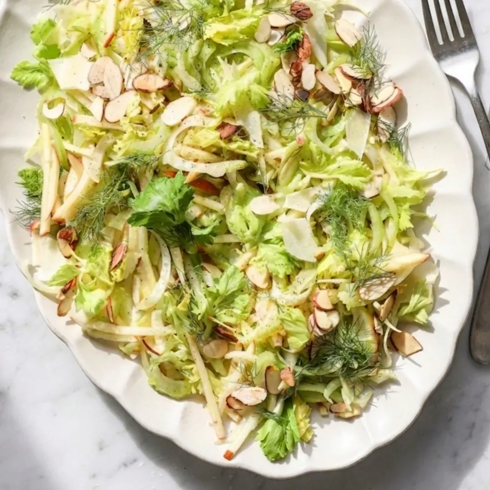 A full, overhead view of the final dish from a simple apple celery salad recipe, presented on a scalloped ceramic plate with a silver fork on a marble table.