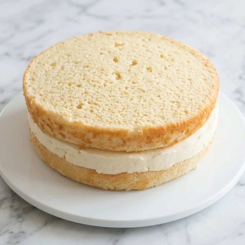 Assembling the final layers of the lemon cheesecake cake