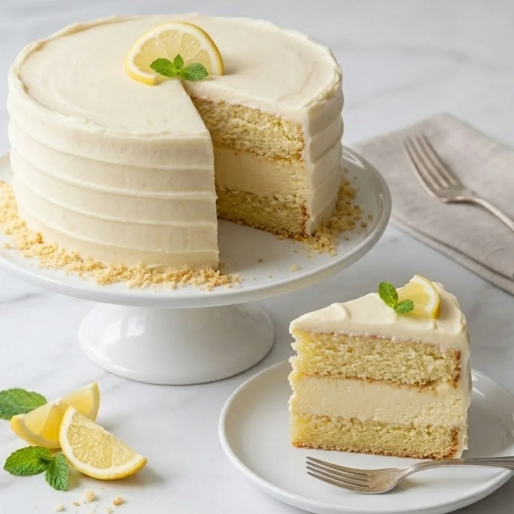 A beautiful lemon cheesecake cake presentation featuring a whole frosted cake and a single slice on a plate, garnished with lemon and mint.