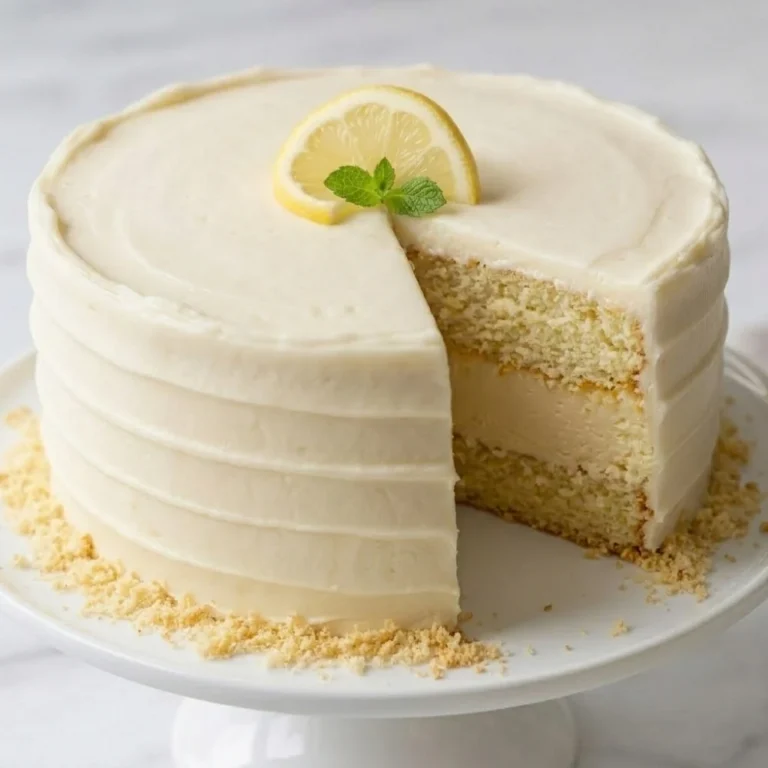 A stunning whole lemon cheesecake cake served on a white cake stand, finished with a fresh lemon slice and mint garnish.